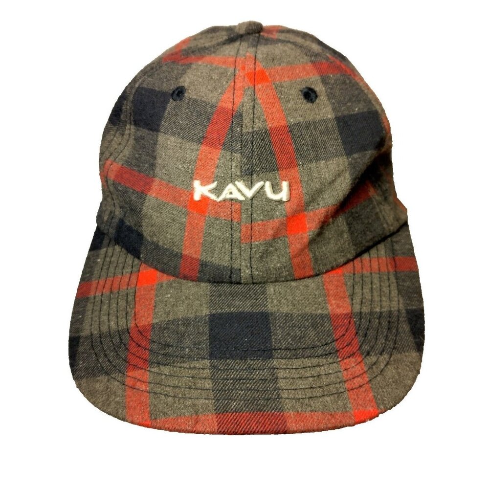 Kavu Cabin Fever Cap Gray Red Black Plaid Flannel Lether Strap Back Hat